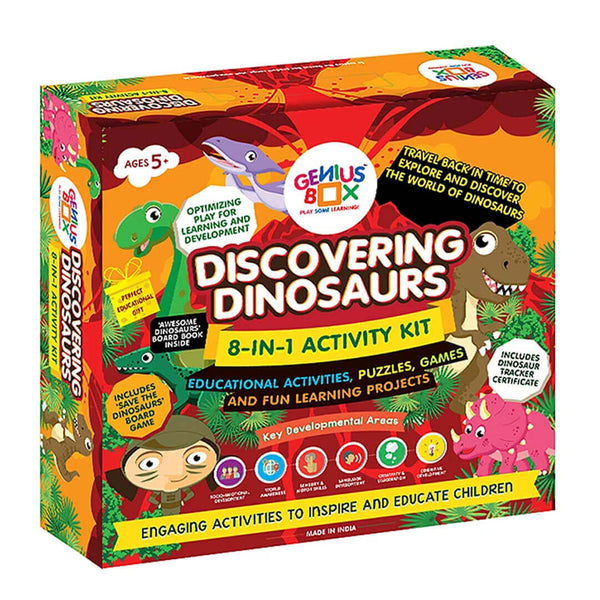 Packaging of 'Discovering Dinosaurs' 8-in-1 Activity Kit by Genius Box, featuring colorful illustrations of dinosaurs and children engaging in educational activities.