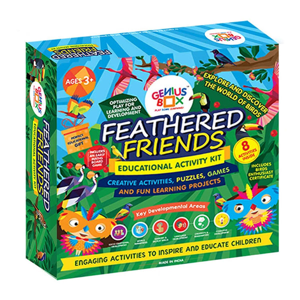 Packaging of 'Feathered Friends' Educational Activity Kit by Genius Box, featuring colorful illustrations of birds and children engaging in educational activities.