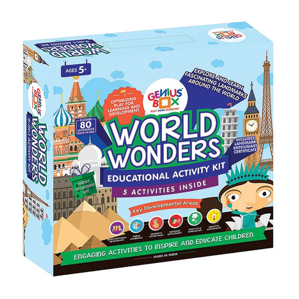 A boxed 'World Wonders Educational Activity Kit' by Genius Box, featuring colorful illustrations of famous landmarks and a cartoon character engaging in educational activities. The kit is intended for children aged 5+ and includes 5 activities inside.